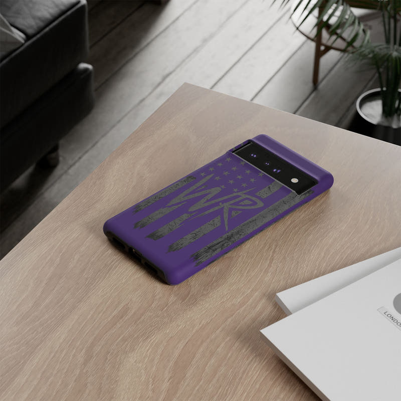 Purple 'WR' Flag Tough Phone Case by Printify with a durable design and vibrant colors displayed on a white background.