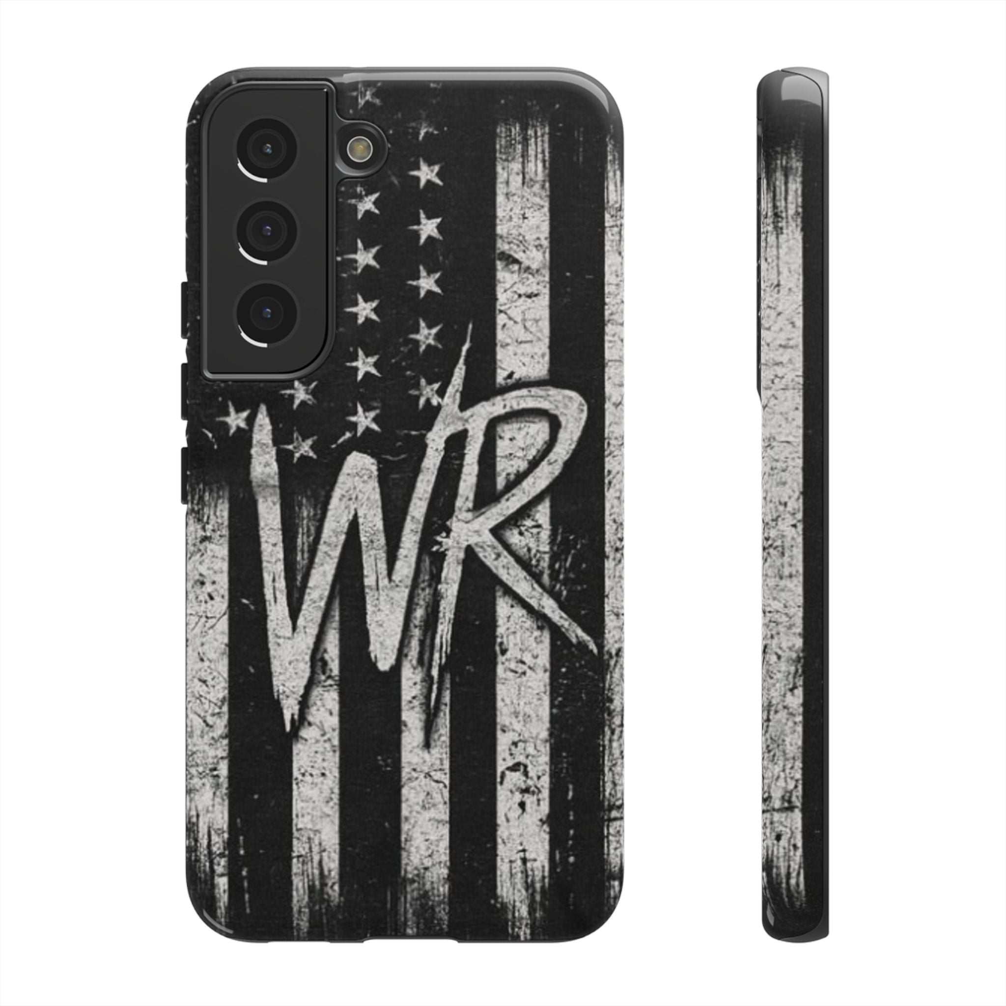 Distressed American flag phone case featuring a WR monogram, designed by Printify for durable protection.