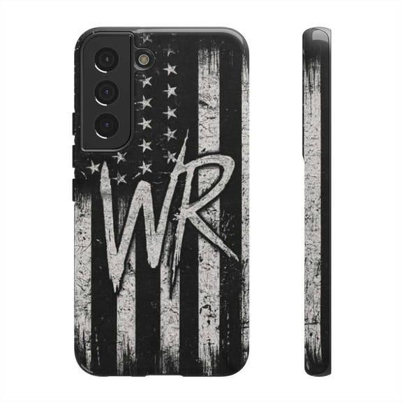 Distressed American flag phone case featuring a WR monogram, designed by Printify for durable protection.