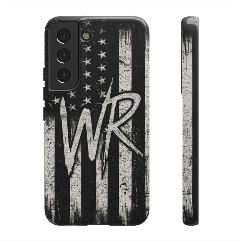 Distressed American flag phone case featuring a WR monogram, designed by Printify for durable protection.