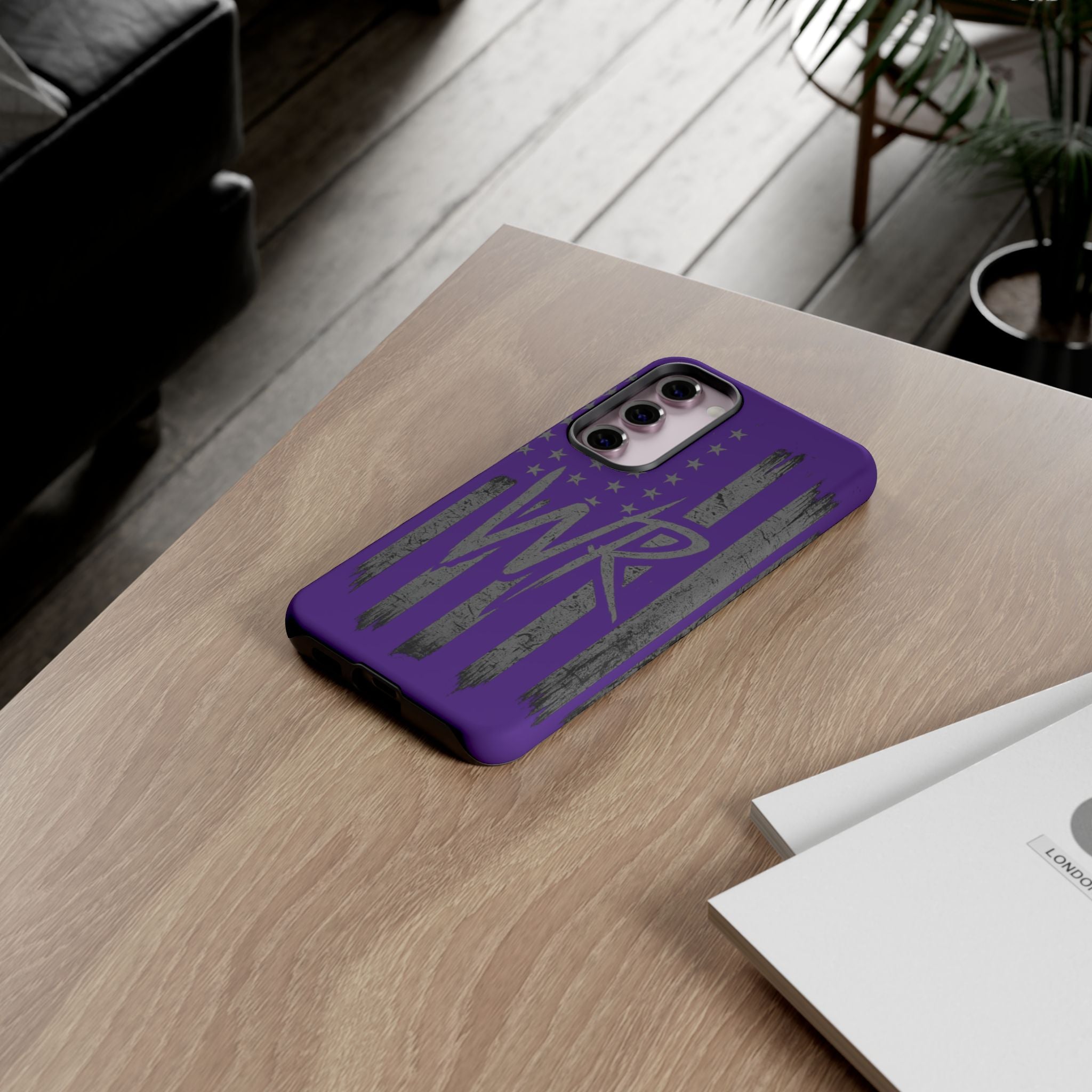 Purple 'WR' Flag Tough Phone Case by Printify, showcasing a durable design with a vibrant flag pattern.