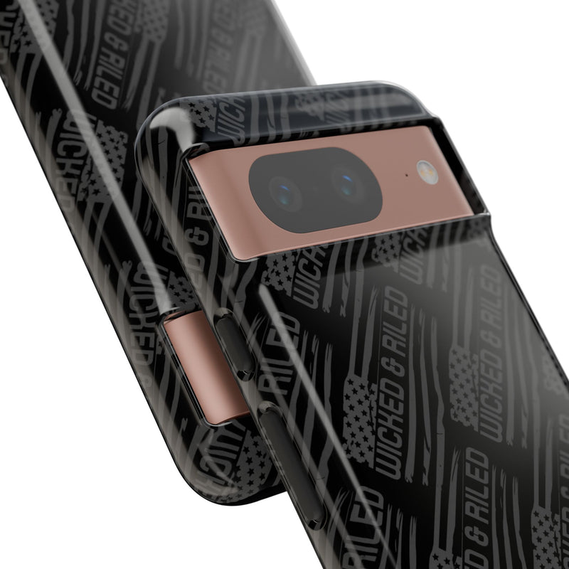 Rugged black protective phone case by Printify with a tough cases text pattern, designed for durability and style.