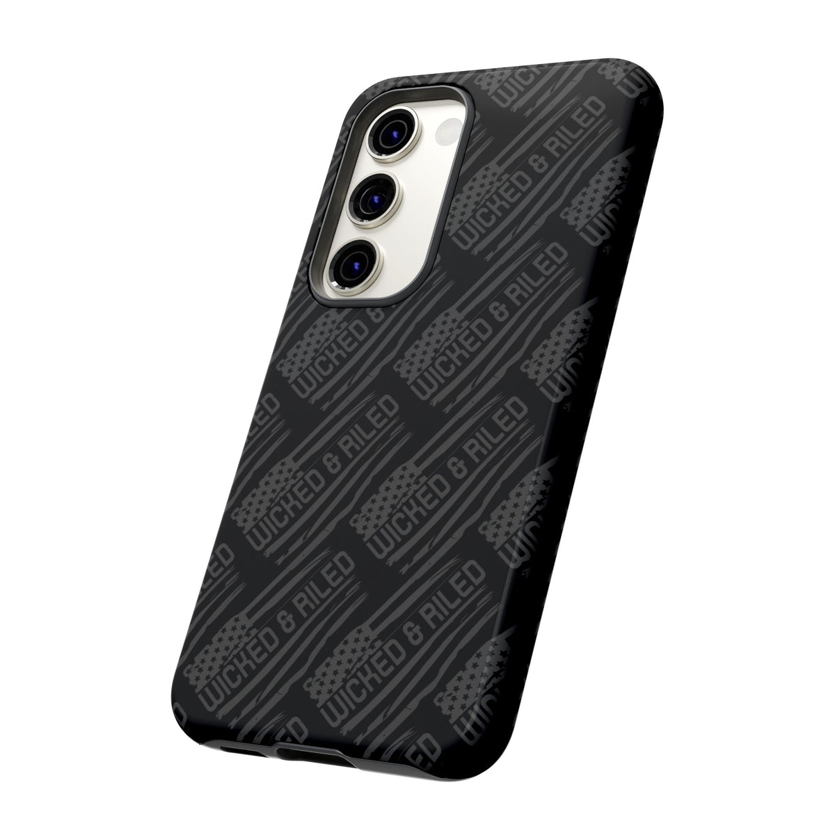 Rugged black protective phone case by Printify featuring a textured TOUGH CASES pattern.