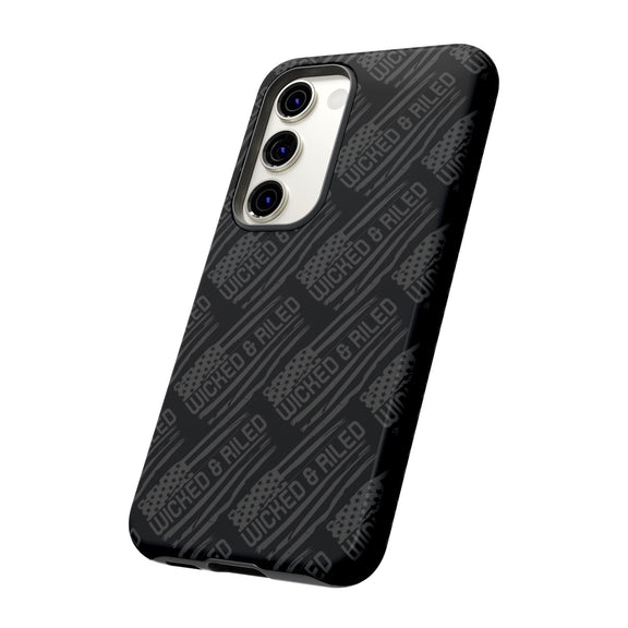 Rugged black protective phone case by Printify featuring a textured TOUGH CASES pattern.