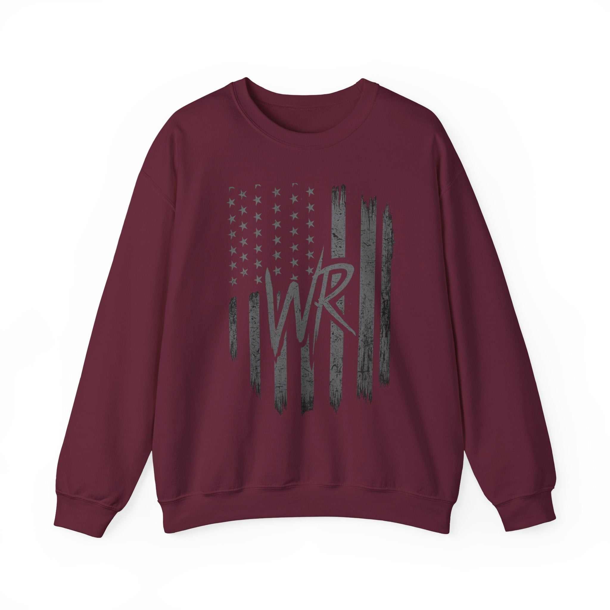 Distressed American flag crewneck sweatshirt with WR monogram, featuring a classic pullover design by Printify.