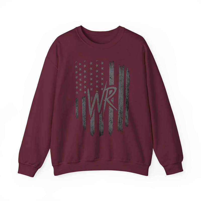 Distressed American flag crewneck sweatshirt with WR monogram, featuring a classic pullover design by Printify.