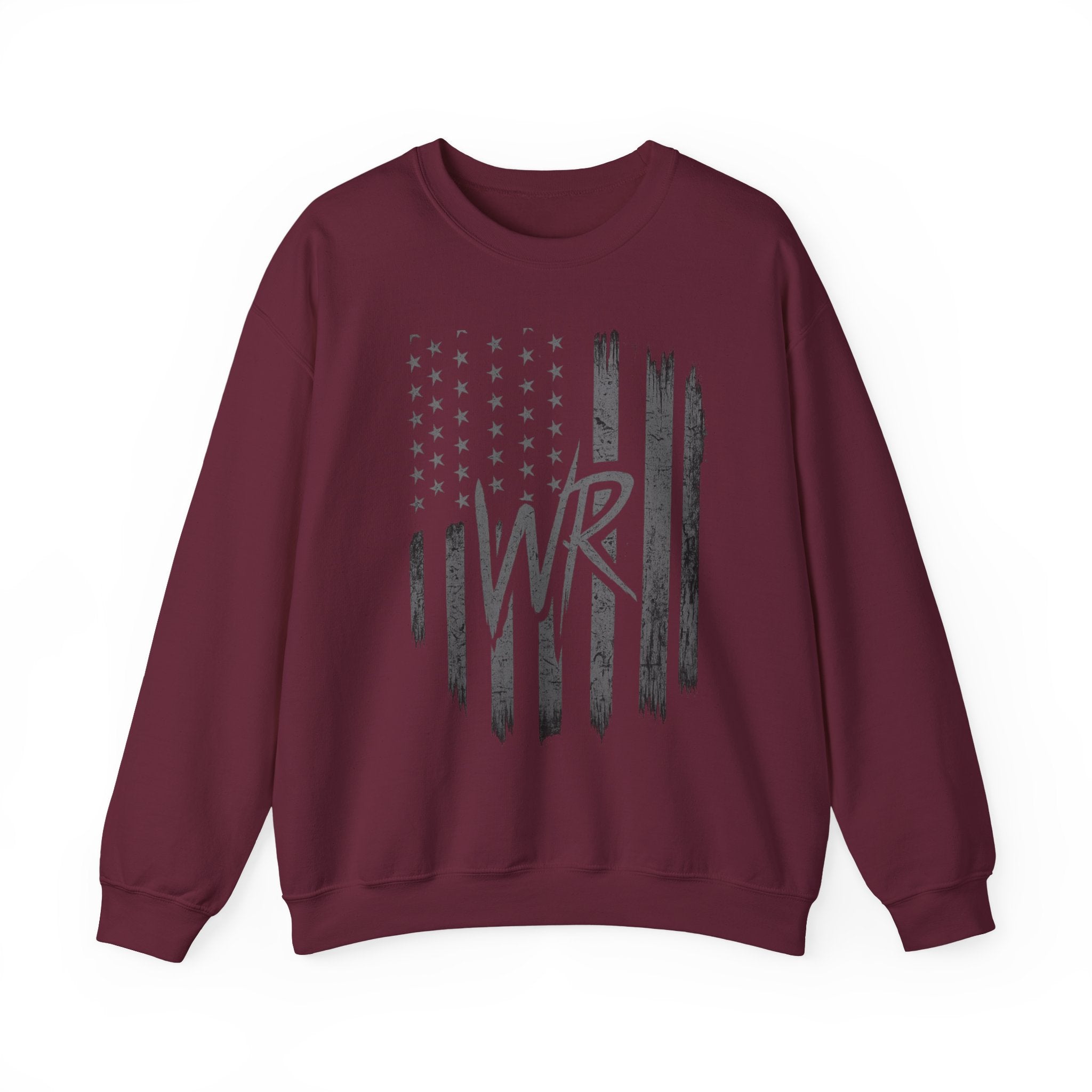 American Flag Crewneck Sweatshirt with WR Monogram — Distressed Patriotic Pullover