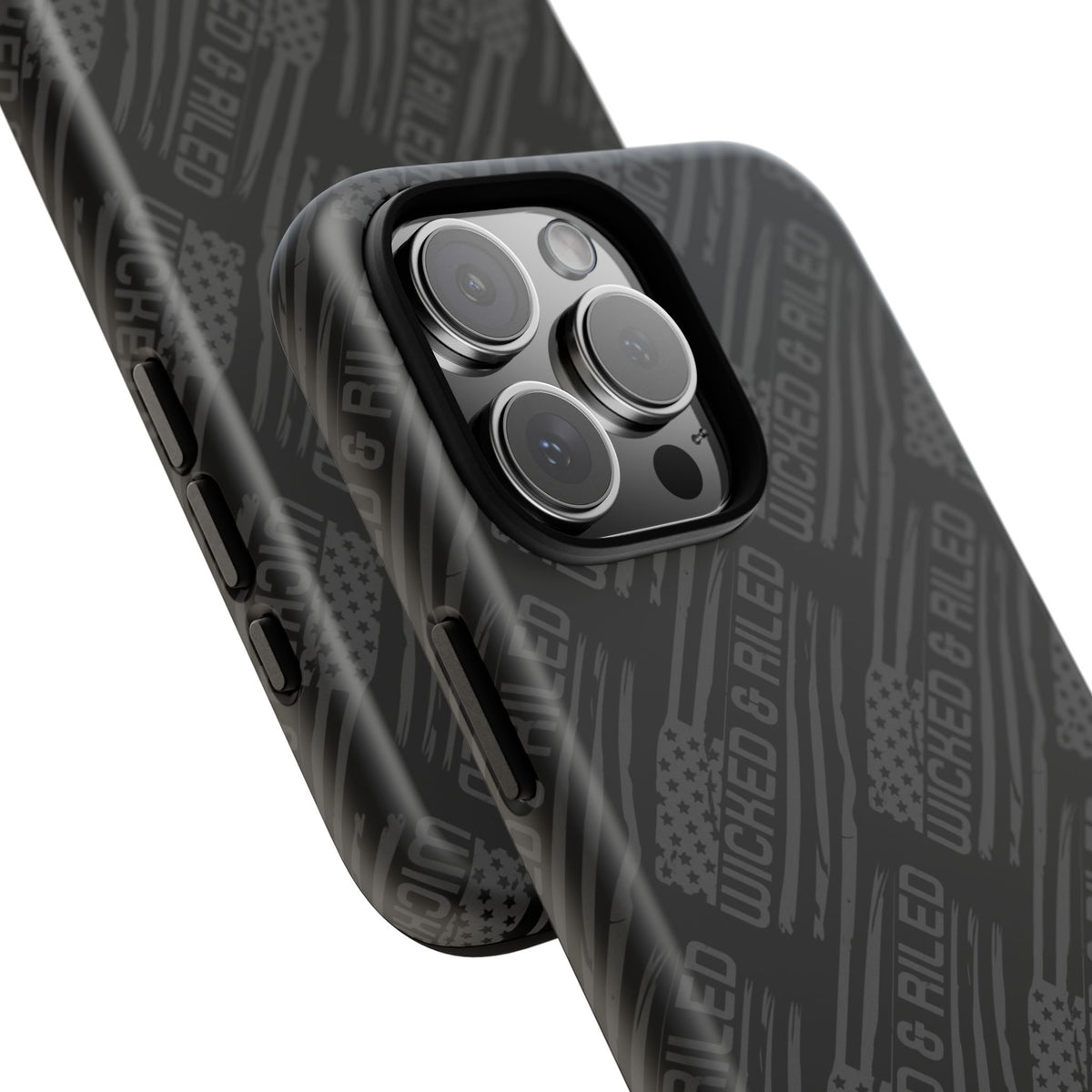 Rugged black protective phone case by Printify with a textured "TOUGH CASES" pattern for enhanced grip and durability.