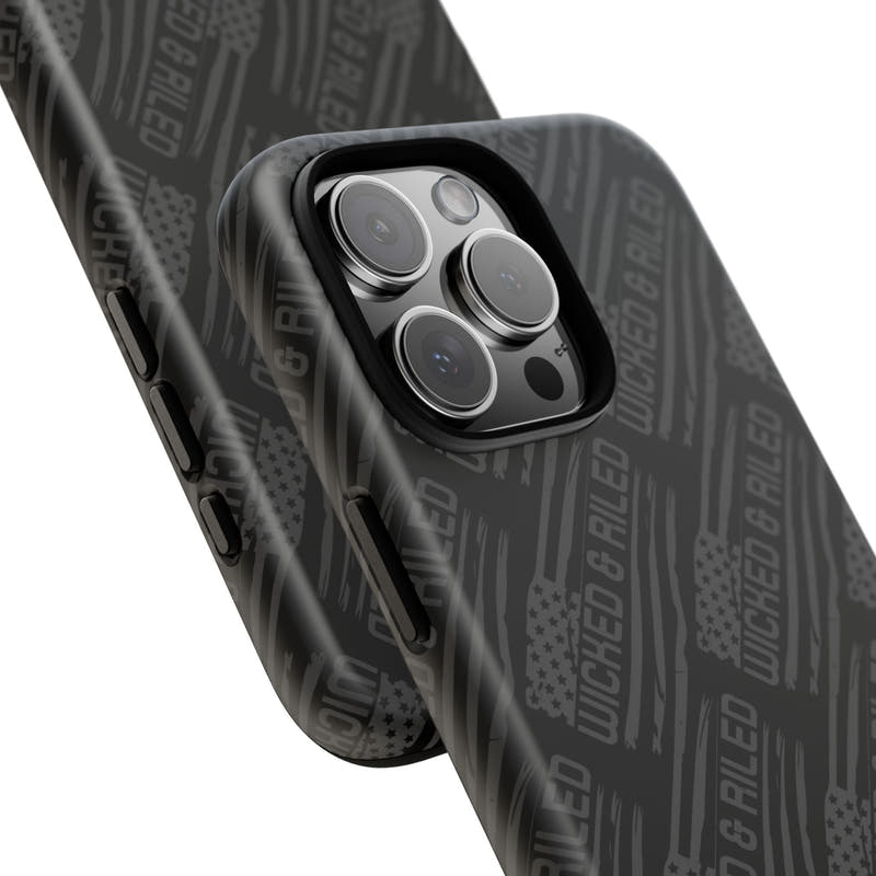 Rugged black protective phone case by Printify with a textured "TOUGH CASES" pattern for enhanced grip and durability.