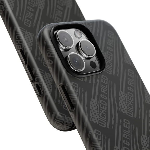 Rugged black protective phone case by Printify with a textured "TOUGH CASES" pattern for enhanced grip and durability.