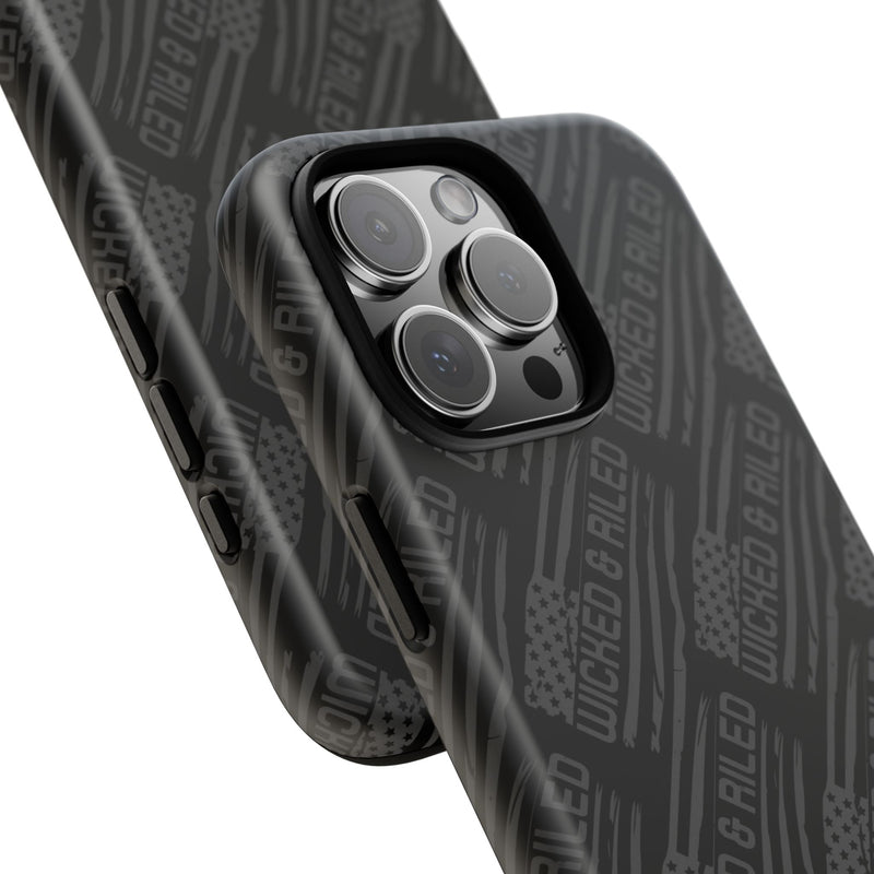 Rugged black protective phone case by Printify with a textured "TOUGH CASES" pattern for enhanced grip and durability.