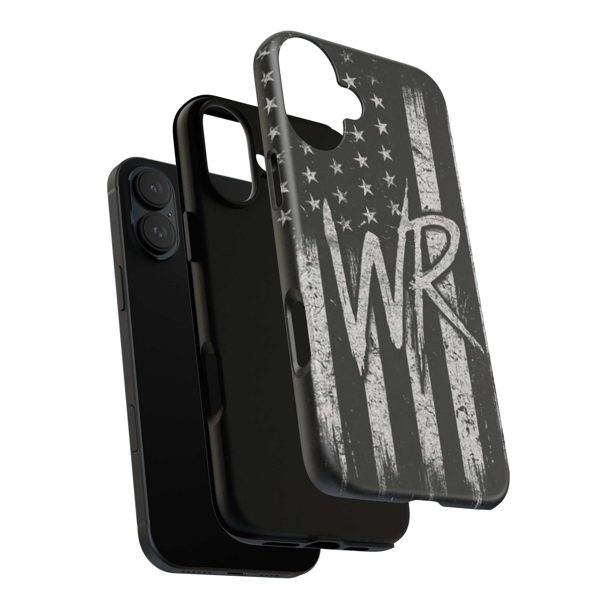 Patriotic monogram tough phone case featuring a distressed American flag design with the initials WR.