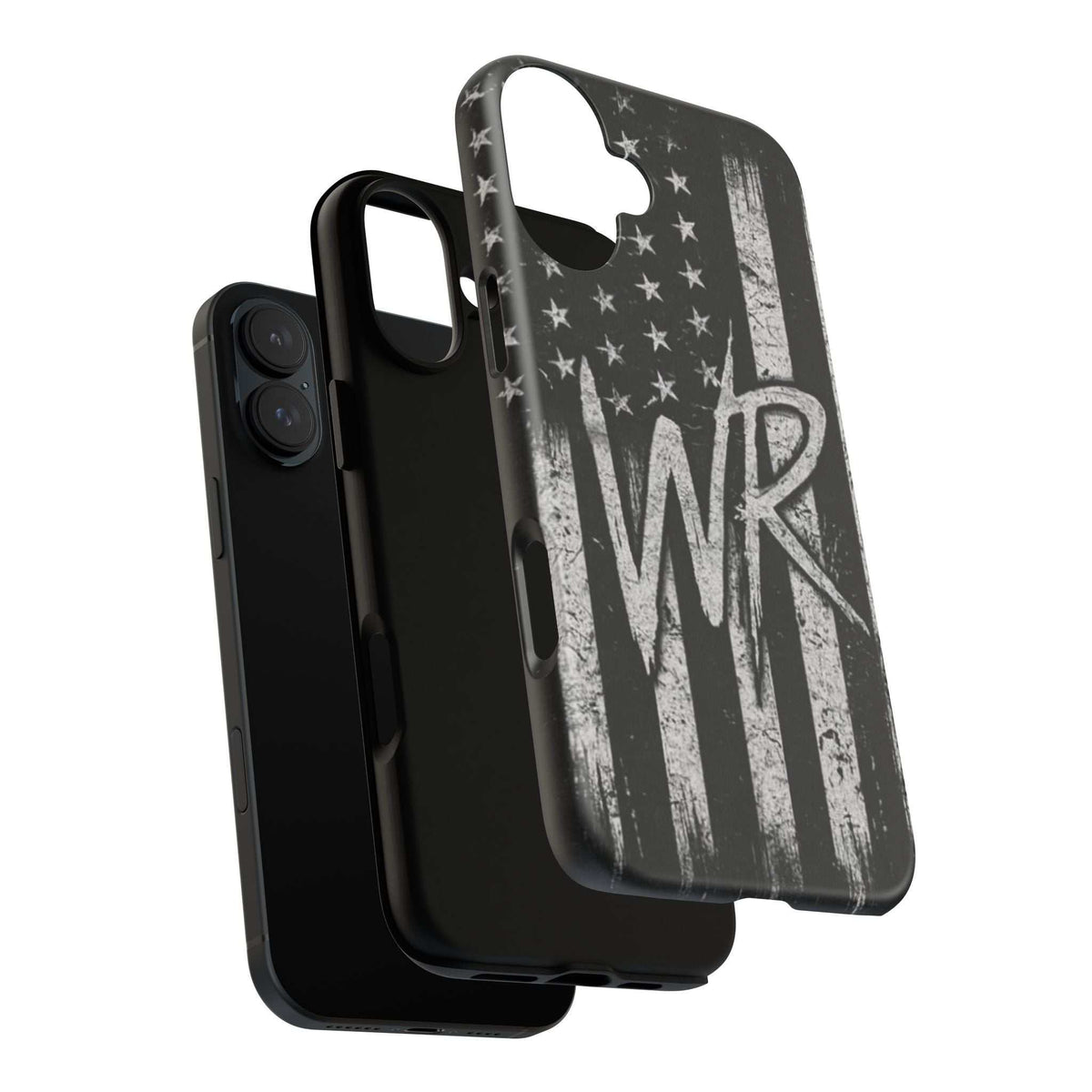 Patriotic monogram tough phone case featuring a distressed American flag design with the initials WR.
