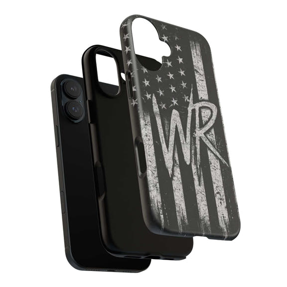 Patriotic monogram tough phone case featuring a distressed American flag design with the initials WR.