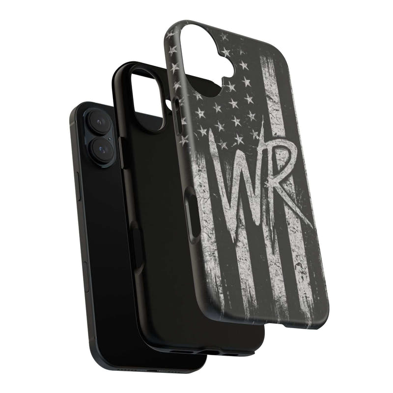 Patriotic monogram tough phone case featuring a distressed American flag design with the initials WR.