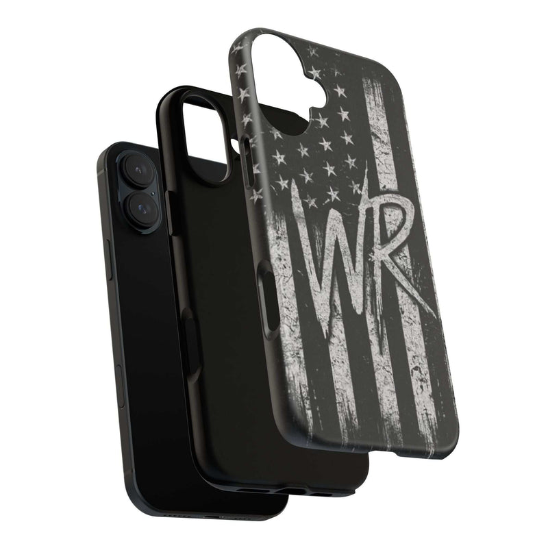 Patriotic monogram tough phone case featuring a distressed American flag design with the initials WR.