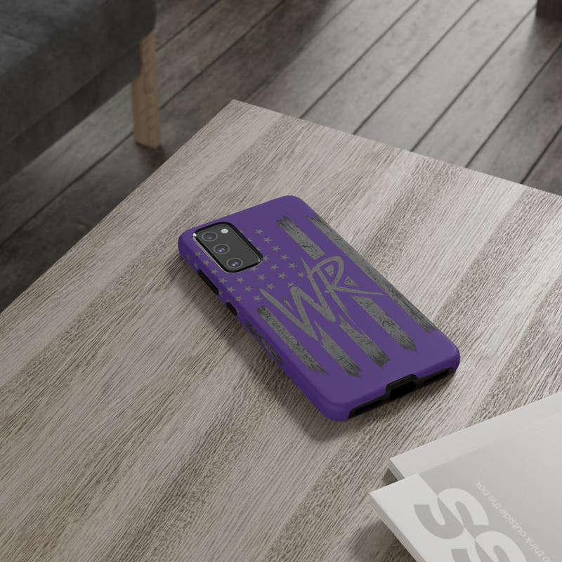 Purple 'WR' flag tough phone case by Printify, featuring a durable design and vibrant colors for protection and style.