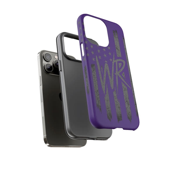Purple 'WR' flag tough phone case by Printify, showcasing a durable design with vibrant colors and precise cutouts.