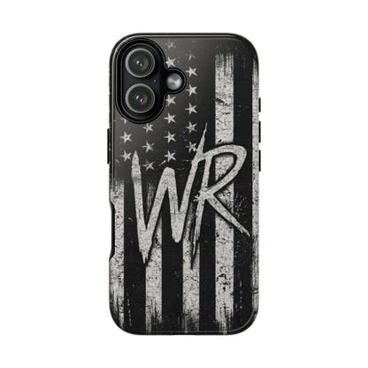 Distressed American flag phone case featuring a WR monogram, designed by Printify for tough protection.