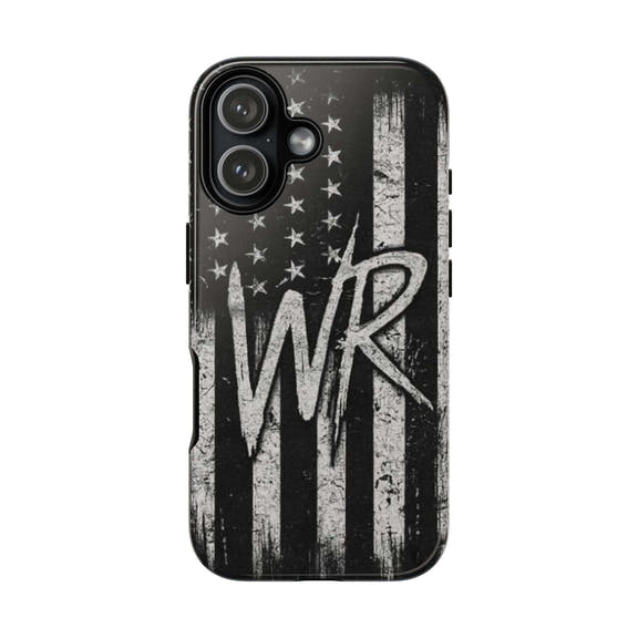 Distressed American flag phone case featuring a WR monogram, designed by Printify for tough protection.