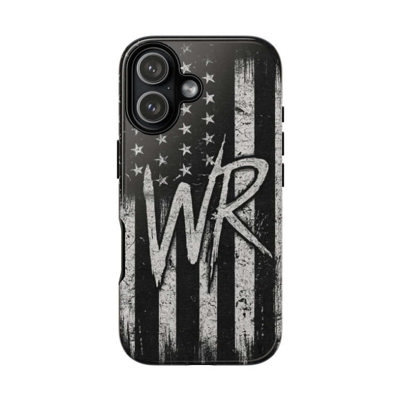 Distressed American flag phone case featuring a WR monogram, designed by Printify for tough protection.