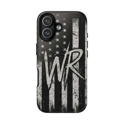 Distressed American flag phone case featuring a WR monogram, designed by Printify for tough protection.