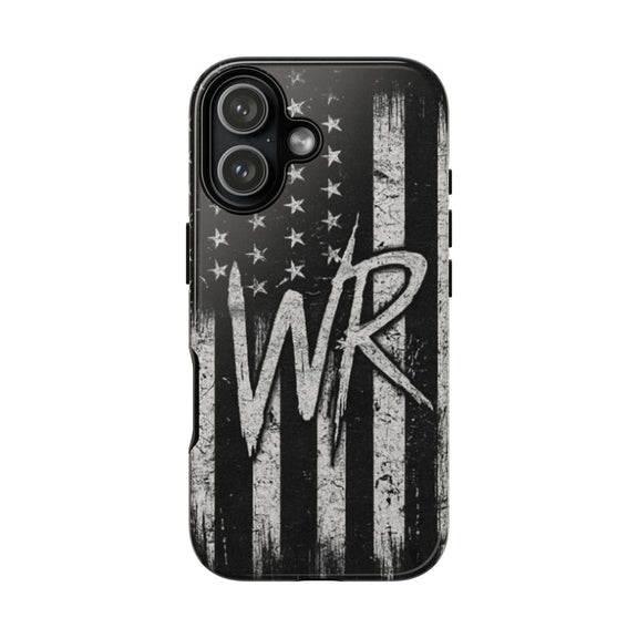 Distressed American flag phone case featuring a WR monogram, designed by Printify for tough protection.