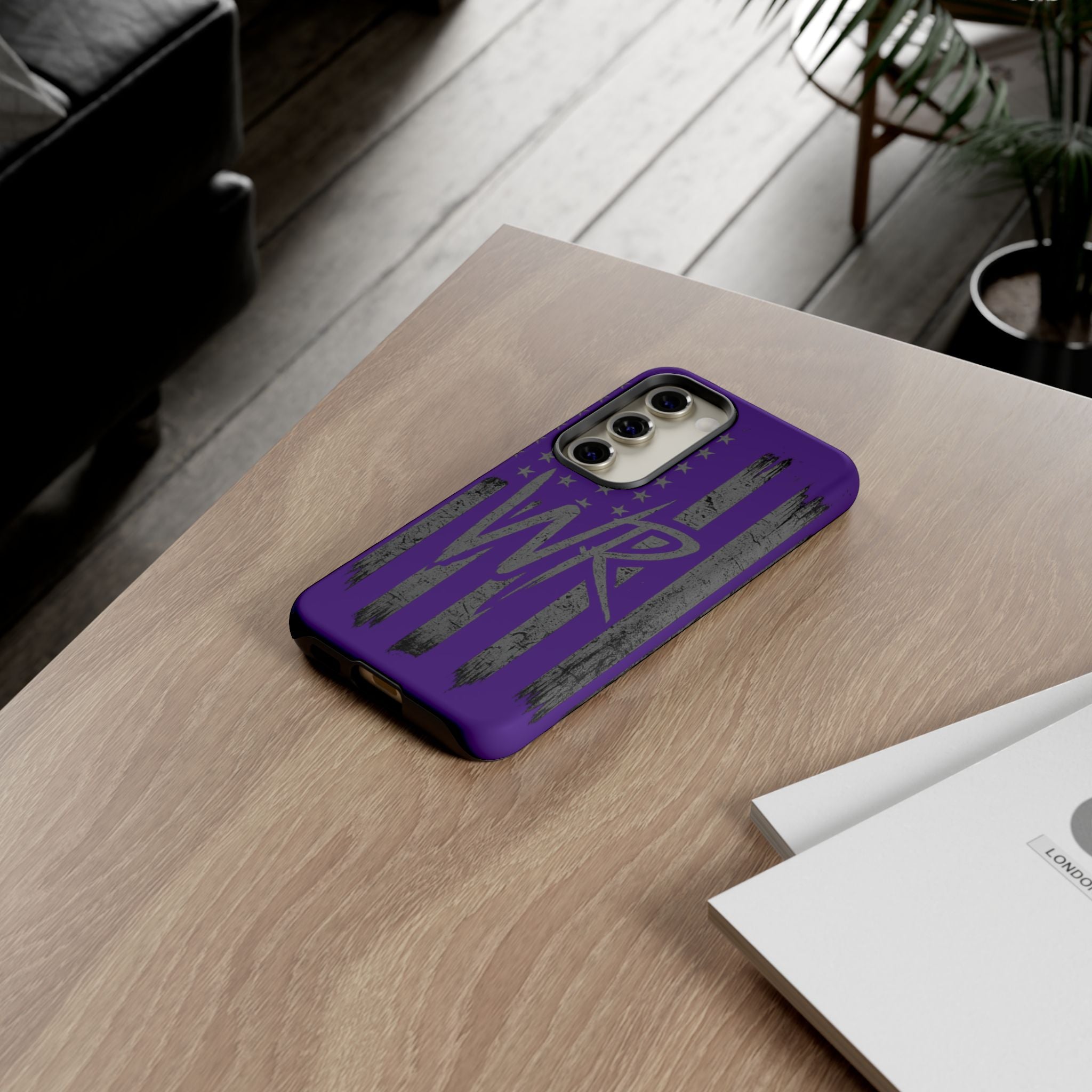 Purple 'WR' flag tough phone case by Printify featuring a durable design and vibrant colors, ideal for protection.