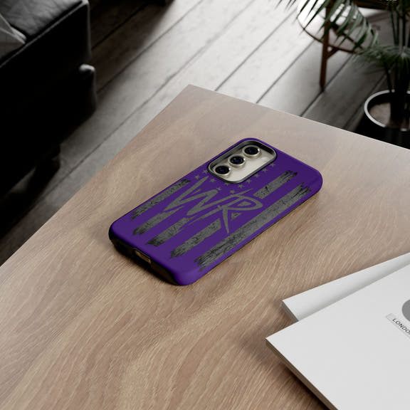 Purple 'WR' flag tough phone case by Printify featuring a durable design and vibrant colors, ideal for protection.