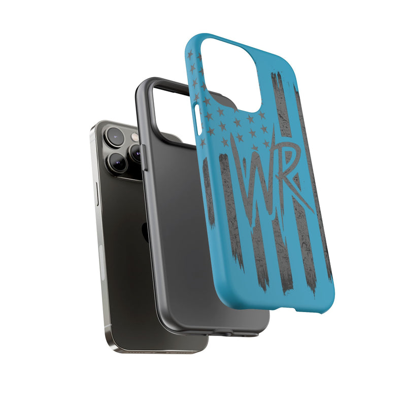 Patriotic blue 'WR' flag phone case by Printify, showcasing a durable design with a striking flag pattern.