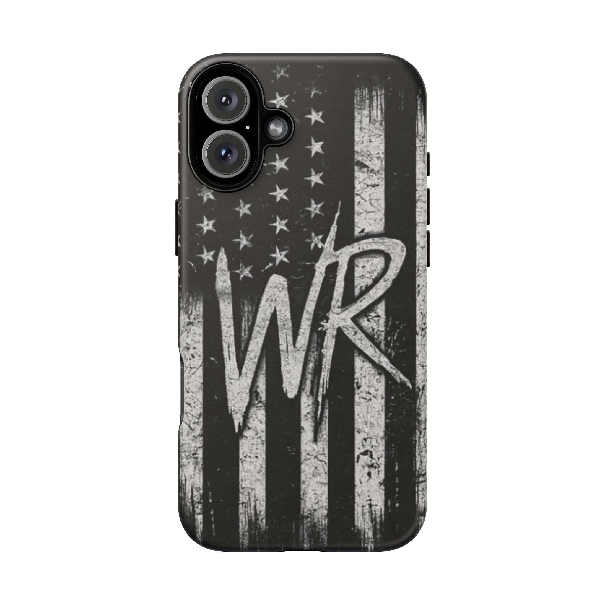 Distressed American flag design on a tough phone case featuring a personalized monogram WR by Printify.