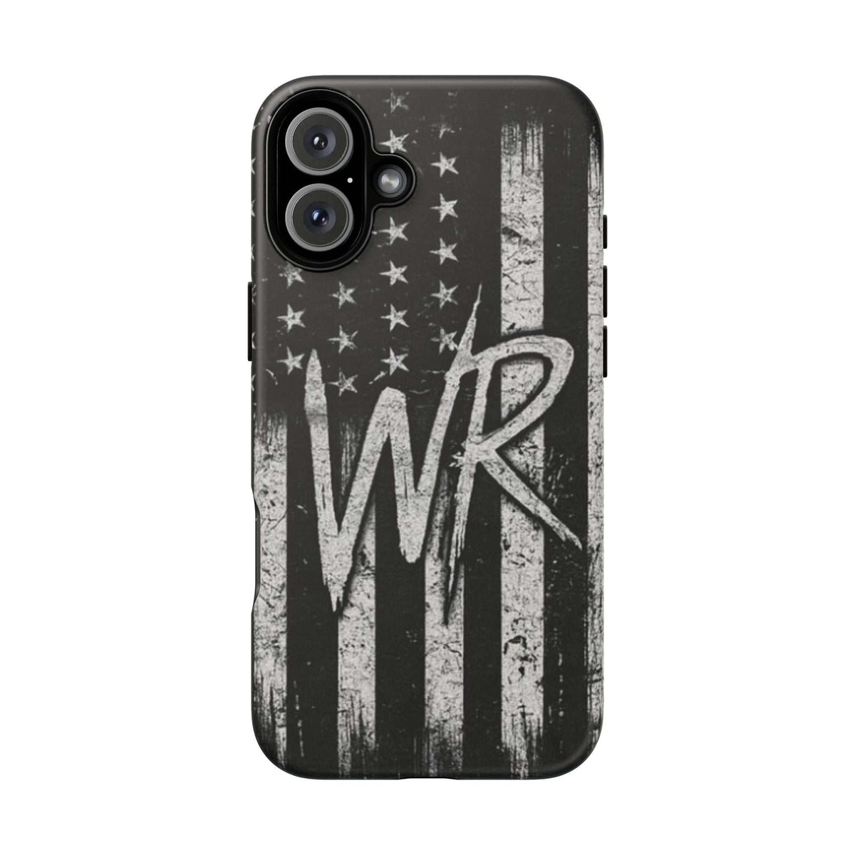 Distressed American flag design on a tough phone case featuring a personalized monogram WR by Printify.