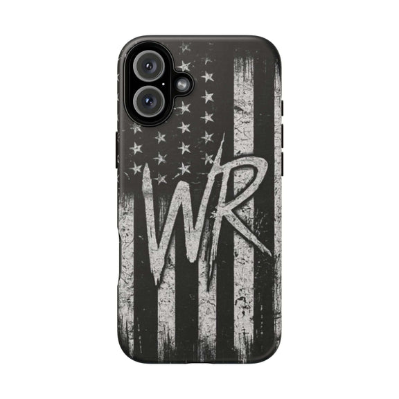 Distressed American flag design on a tough phone case featuring a personalized monogram WR by Printify.