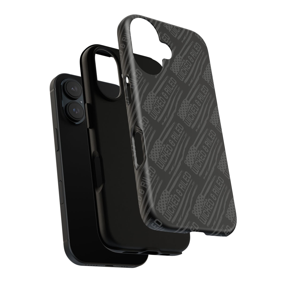 Rugged black protective phone case by Printify featuring a textured "TOUGH CASES" pattern for added grip and durability.
