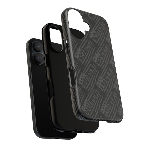 Rugged black protective phone case by Printify featuring a textured "TOUGH CASES" pattern for added grip and durability.