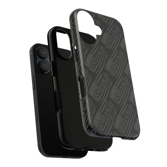 Rugged black protective phone case by Printify featuring a textured "TOUGH CASES" pattern for added grip and durability.