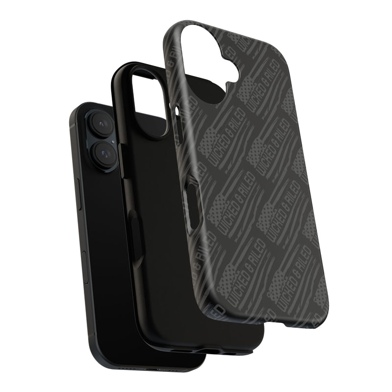 Rugged black protective phone case by Printify featuring a textured "TOUGH CASES" pattern for added grip and durability.