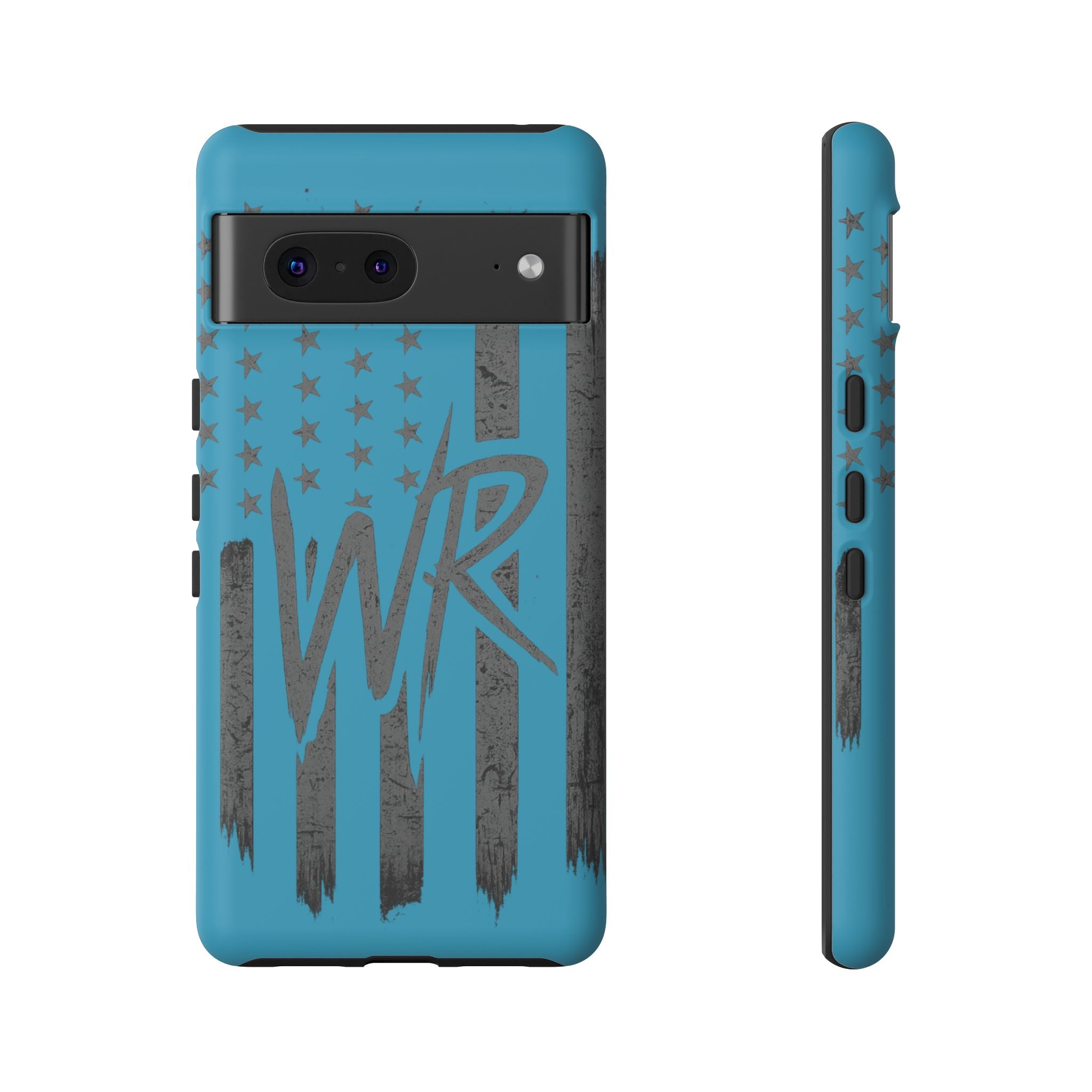 Patriotic blue 'WR' flag design tough phone case by Printify, showcasing durability and style for smartphone protection.