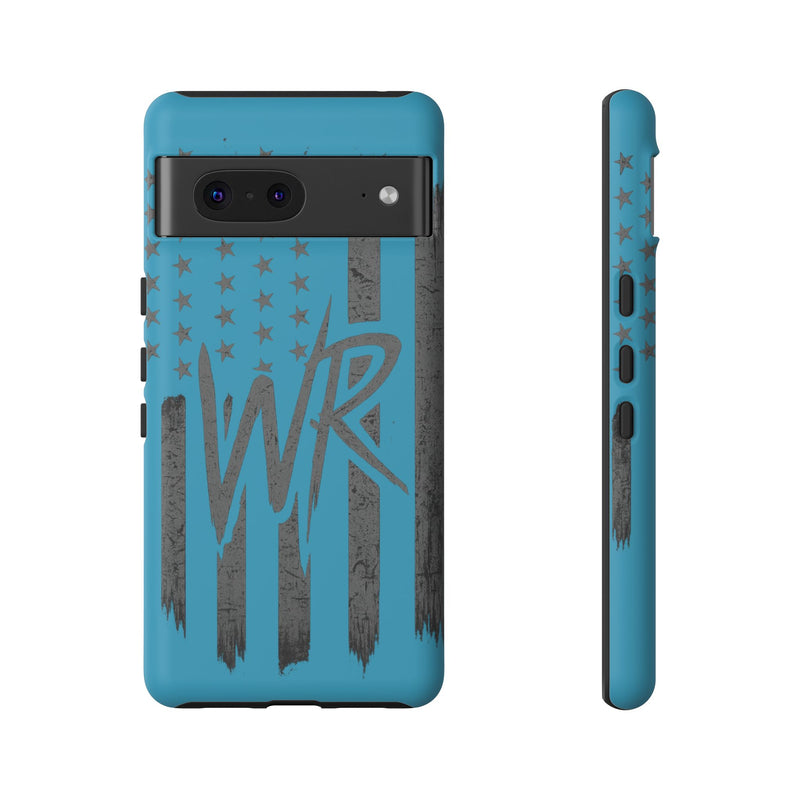 Patriotic blue 'WR' flag design tough phone case by Printify, showcasing durability and style for smartphone protection.