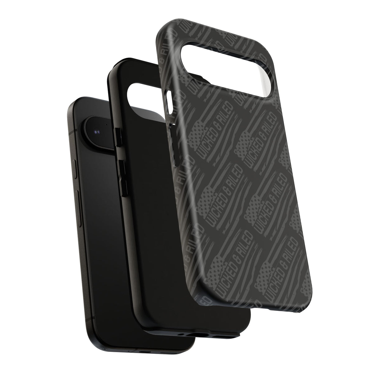 Rugged black protective phone case by Printify with a textured "TOUGH CASES" pattern for added grip and durability.