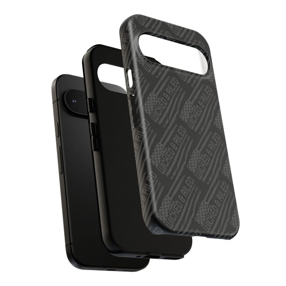 Rugged black protective phone case by Printify with a textured "TOUGH CASES" pattern for added grip and durability.