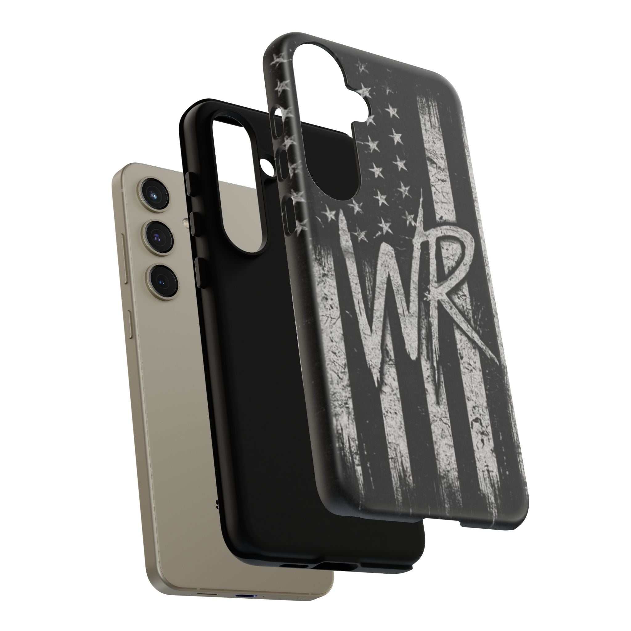 Distressed American flag phone case by Printify featuring a patriotic monogram with the initials WR.