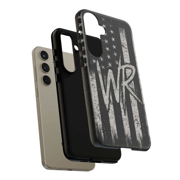 Distressed American flag phone case by Printify featuring a patriotic monogram with the initials WR.