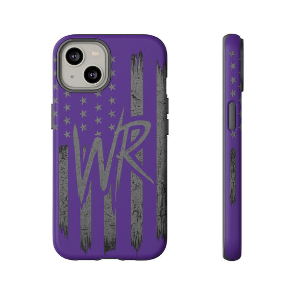 Purple 'WR' flag tough phone case by Printify, showcasing durable design and vibrant colors for protection and style.