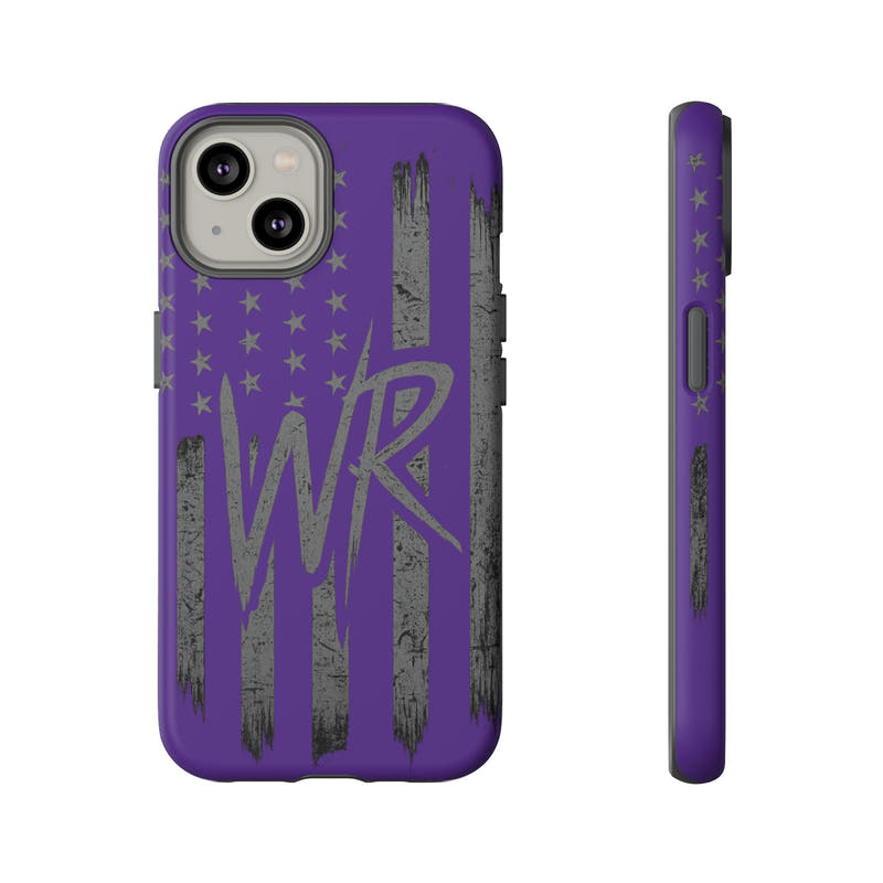 Purple 'WR' flag tough phone case by Printify, showcasing durable design and vibrant colors for protection and style.