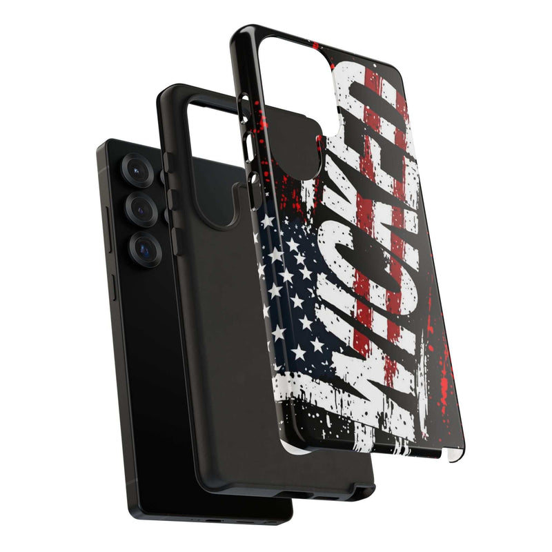 Distressed American flag phone case with "VETERAN" graphic, rugged design for patriotic protection, by Printify.