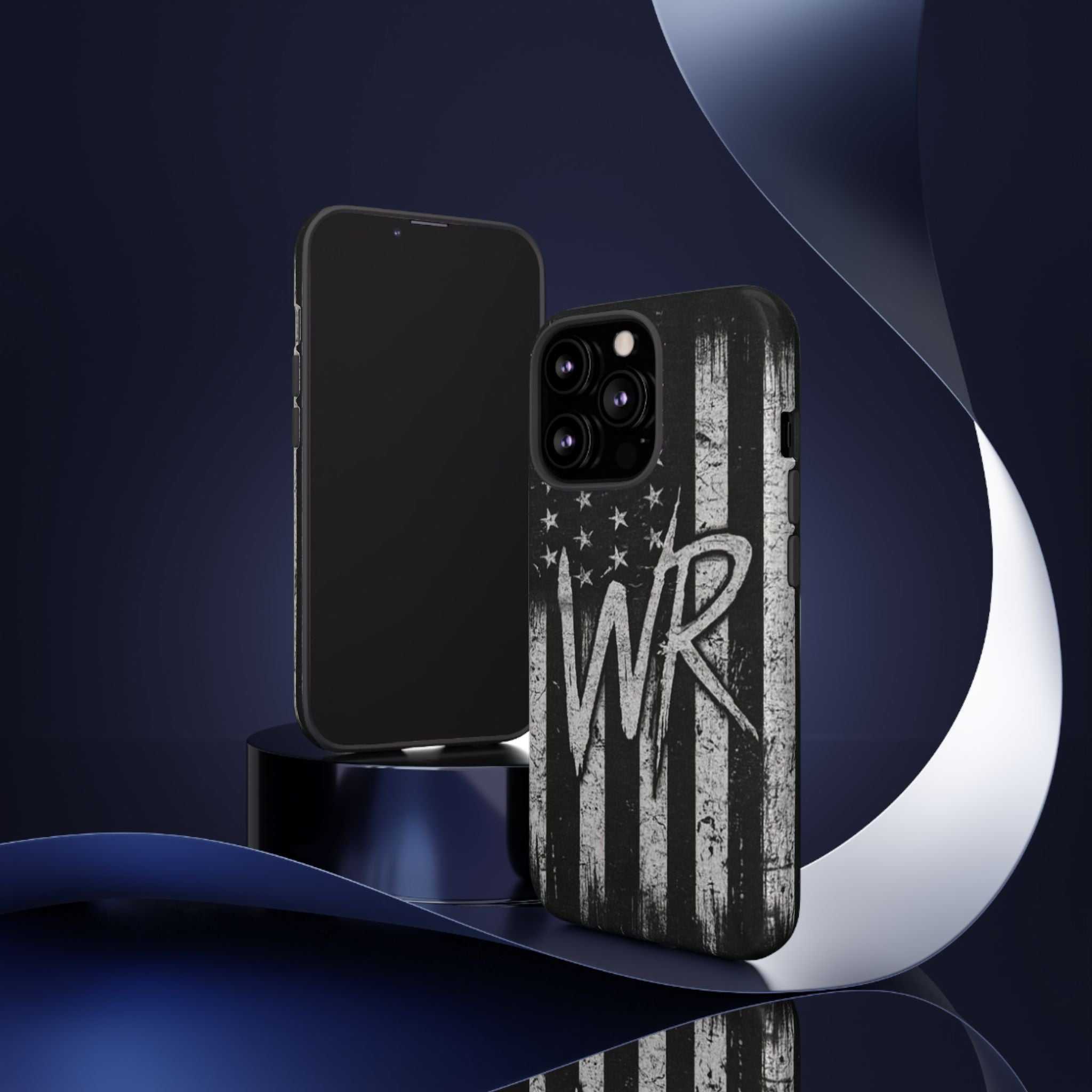 Distressed American flag phone case featuring a monogram WR, designed by Printify for tough protection.