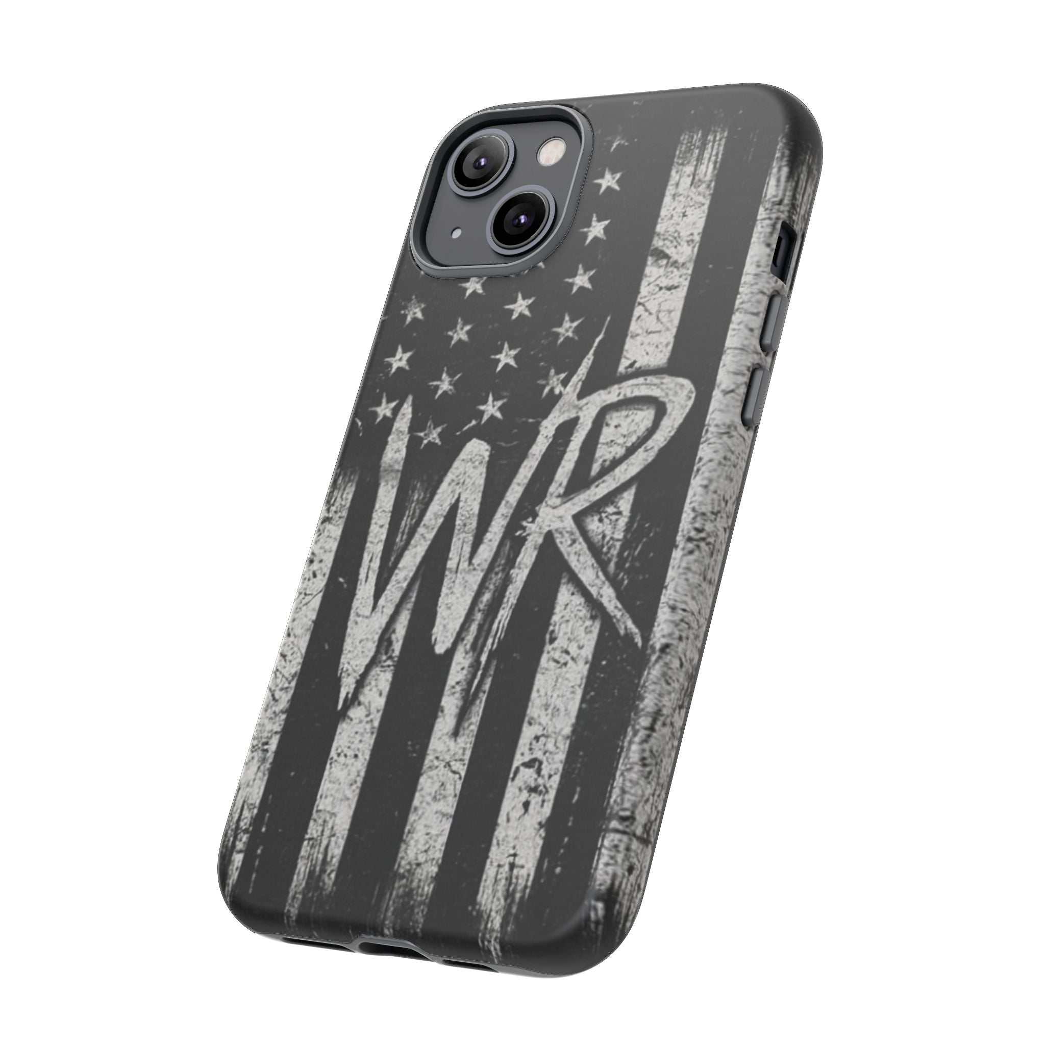 Distressed American flag design on a Patriotic Monogram Tough Phone Case featuring initials WR by Printify.