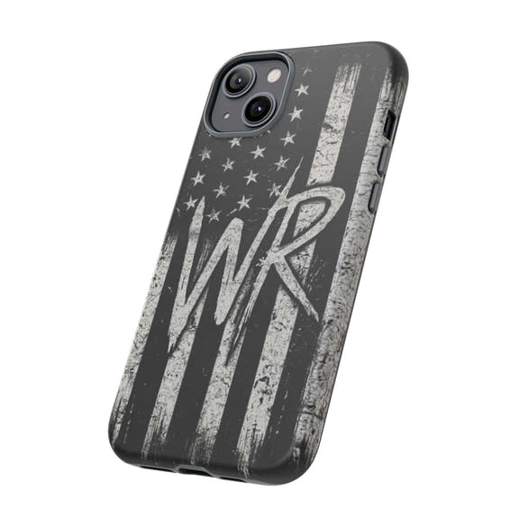 Distressed American flag design on a Patriotic Monogram Tough Phone Case featuring initials WR by Printify.