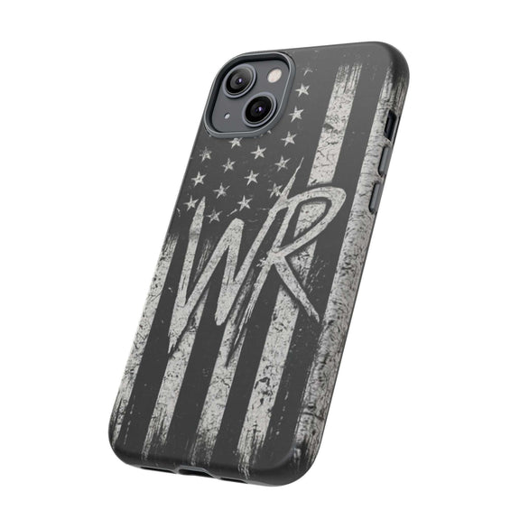 Distressed American flag design on a Patriotic Monogram Tough Phone Case featuring initials WR by Printify.
